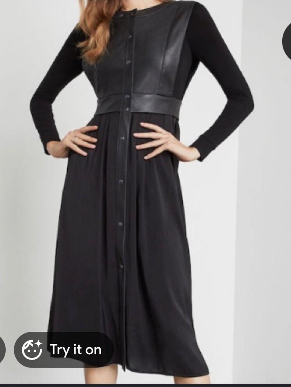 BCBGMaxAzria Black Faux Leather Accent Midi Dress